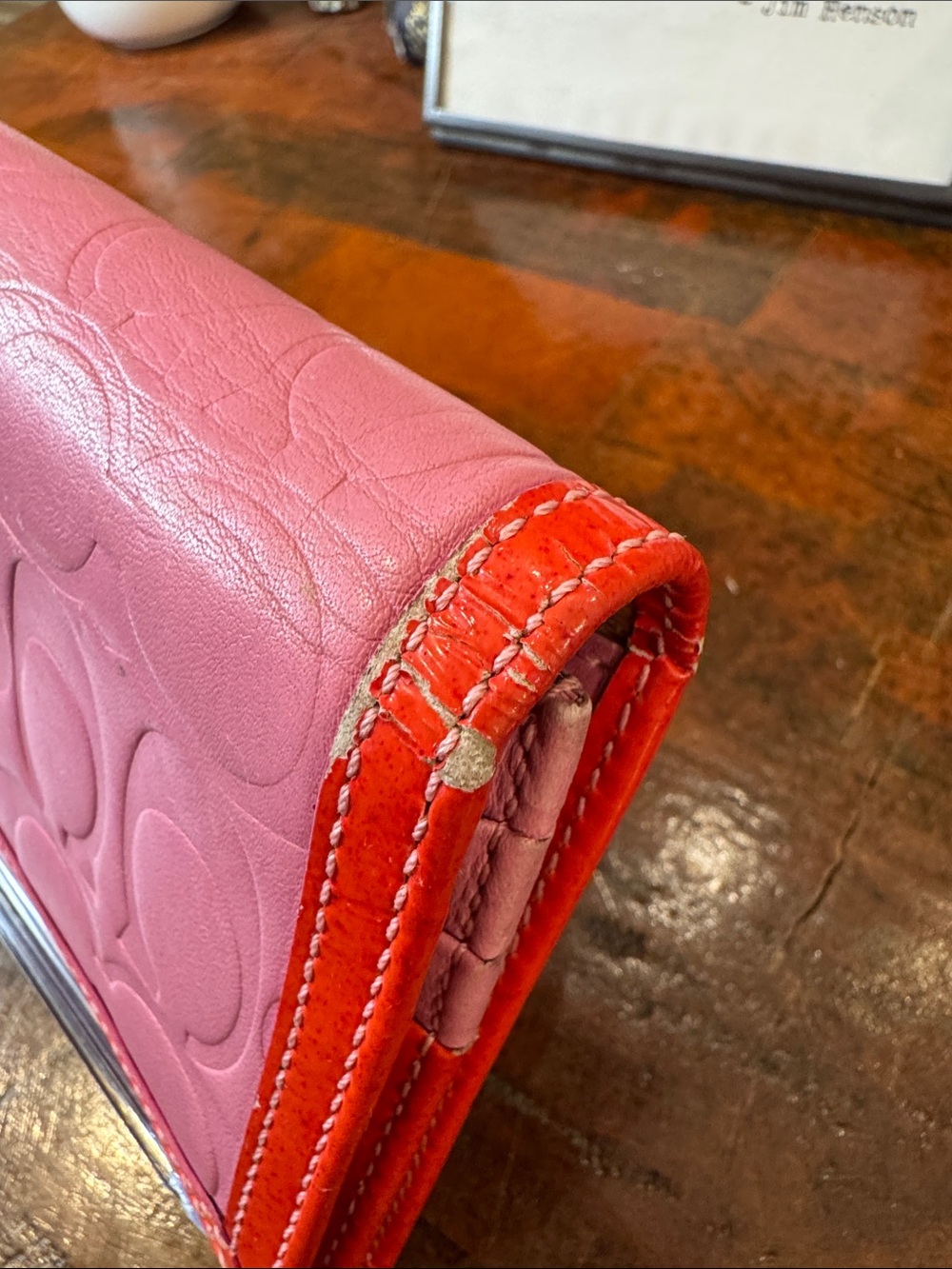 Coach Pink Signature Leather Continental Wallet with Orange Trim - Picture 2 of 14